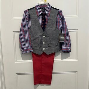 IZOD Boys' Plaid Shirt and Vest Set with Red Pants